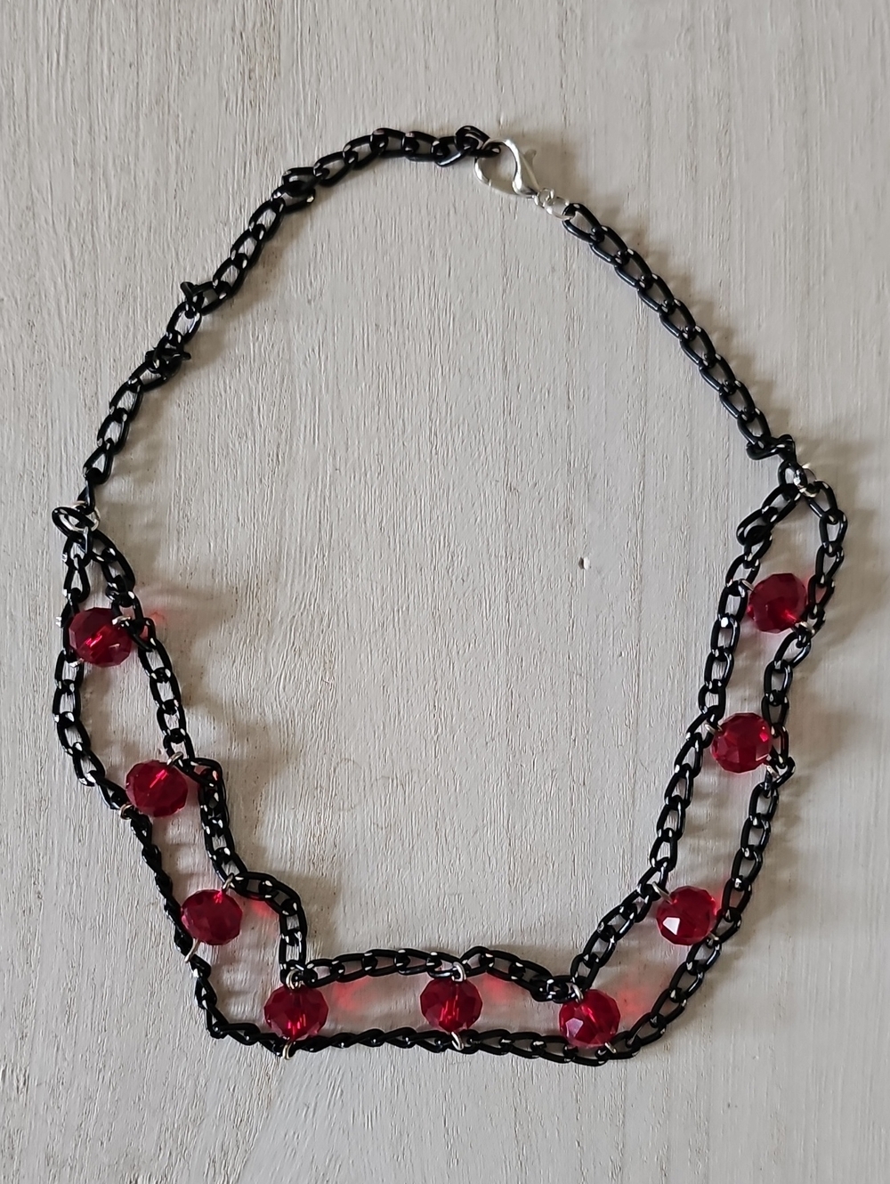 Black Chain Choker with Red Faceted Glass Beads